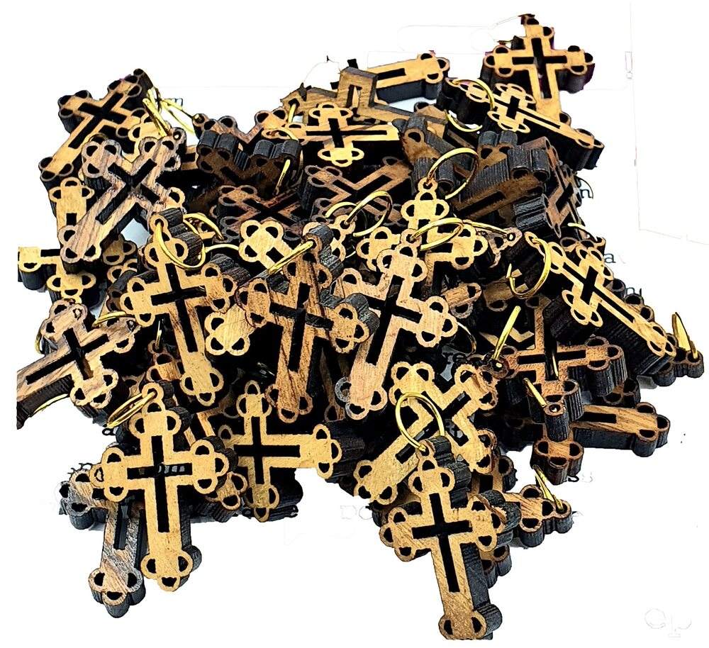 9204 1.05 Inch Laser Carved Olive Wood Cross Charms 50 PCS – Handcrafted